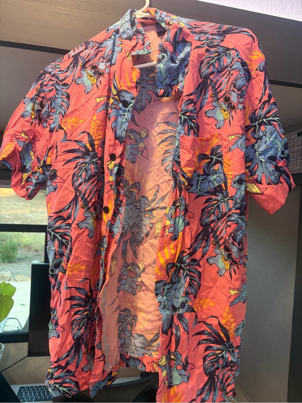 Disney Coral Pink Tropical Stitch Print Short Sleeve Button-Down Shirt